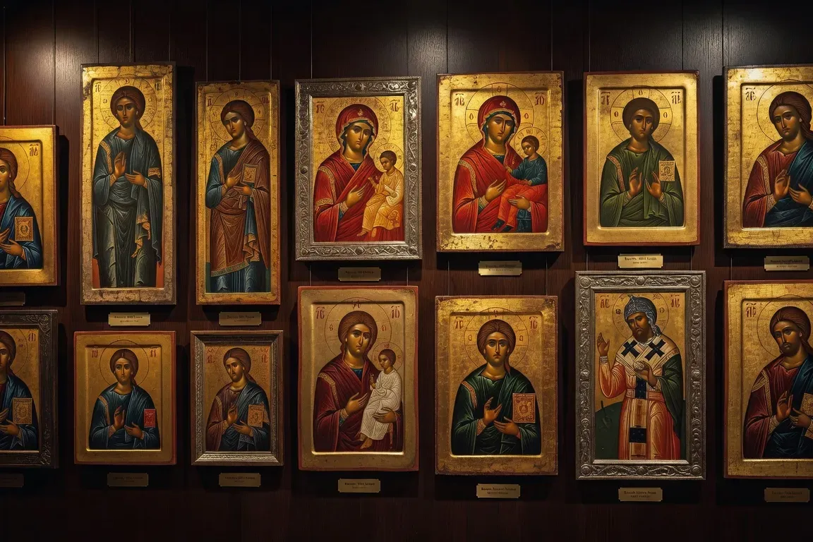 Collection d'icônes orthodoxes authentiques de différentes écoles (russe, byzantine, serbe) sur un fond bois sombre