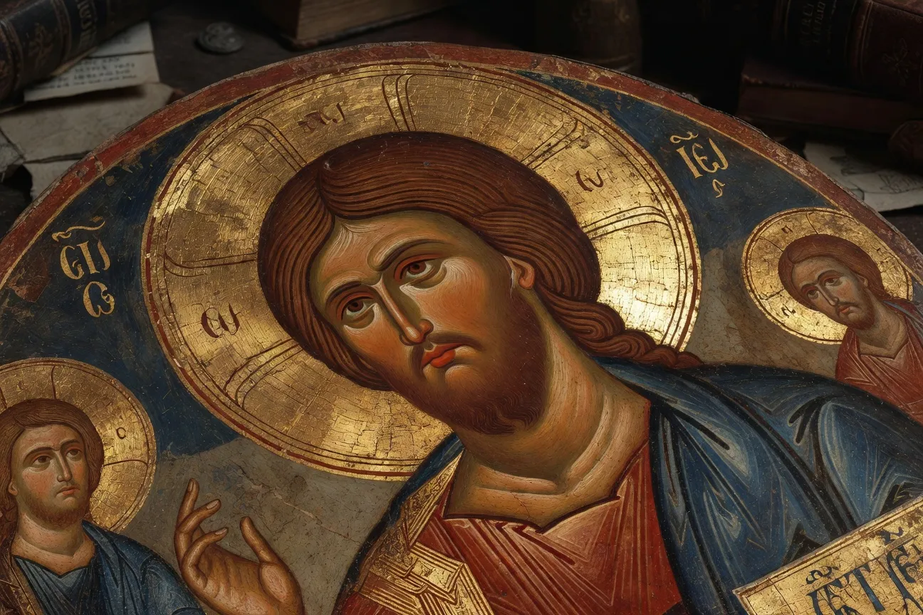 Détail d'une icône byzantine ancienne : dorure à la feuille d'or et technique encaustique sur fond d'un nimbé de saint