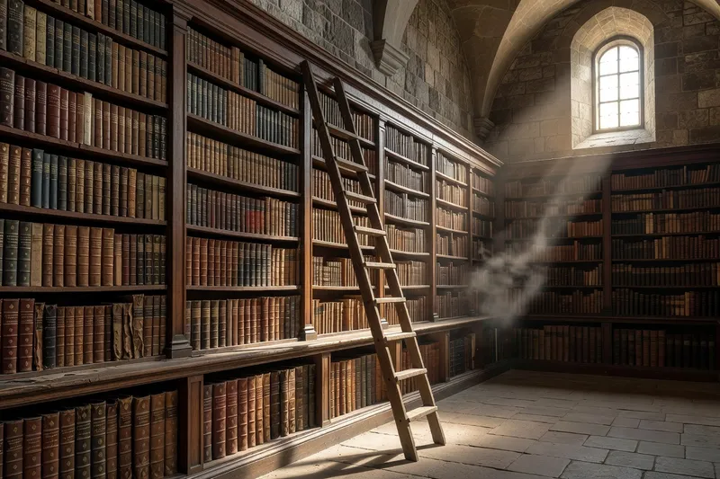 Rayonnage ancien de bibliothèque religieuse avec reliures en cuir, manuscrits et incunables, lumière tamisée
