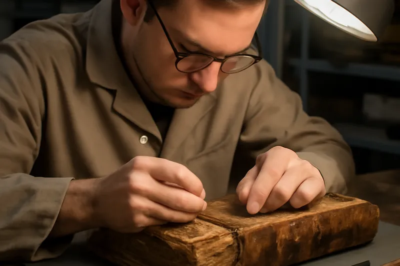 Manuscrit enluminé médiéval ouvert sur un pupitre de consultation, gants blancs de conservateur, atelier de restauration en arrière-plan