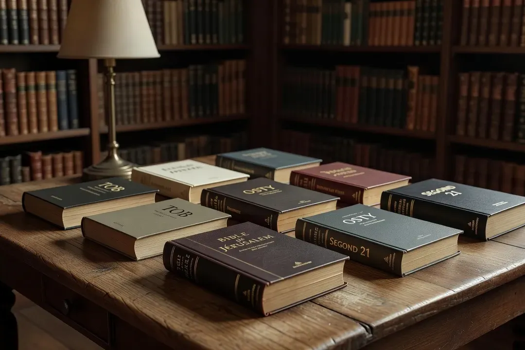 Collection de Bibles françaises étalées sur une table en bois : TOB, Bible de Jérusalem, Osty, Segond 21