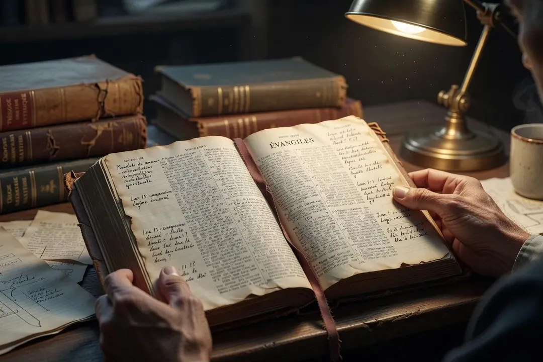 Mains d'un lecteur tenant une Bible ouverte aux Évangiles avec signet et notes marginales, lumière de lampe de bureau