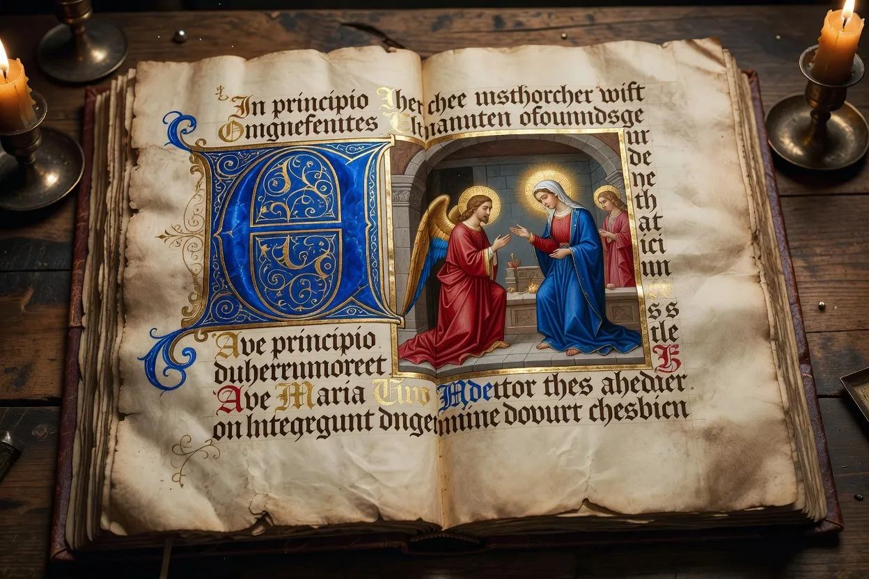 Manuscrit médiéval enluminé ouvert sur une table, lettrine ornée de lapis-lazuli et or, détail d'une scène biblique sur fond parchemin