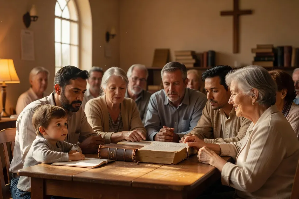 Groupe de personnes réunies autour d'une Bible ouverte pour un partage biblique en communauté paroissiale