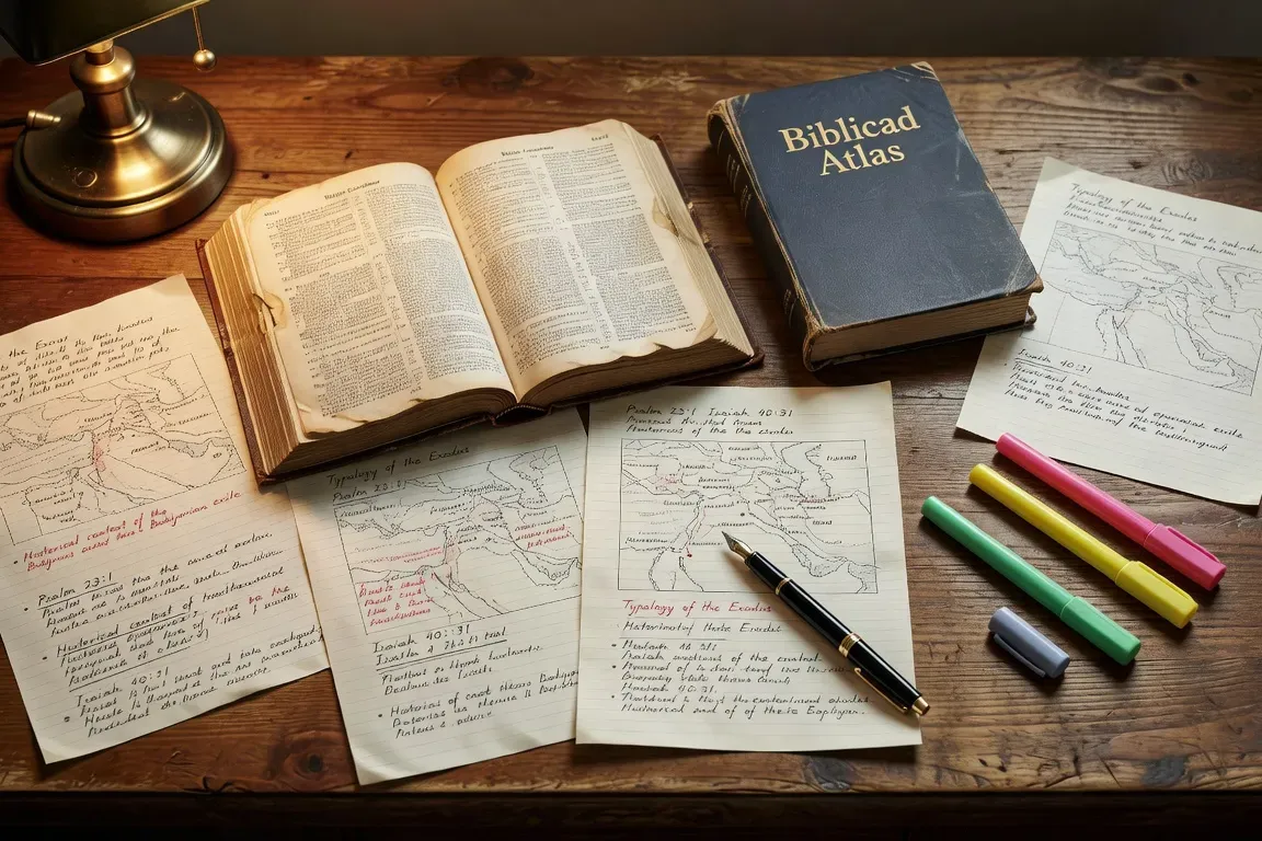 Concordance biblique, atlas géographique et notes manuscrites sur un bureau d'étude