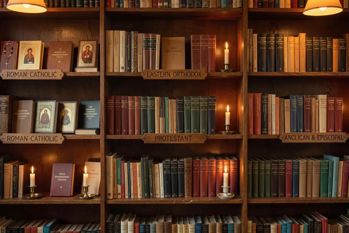 Rayon de librairie religieuse avec des bougies allumées et des livres classés par tradition chrétienne