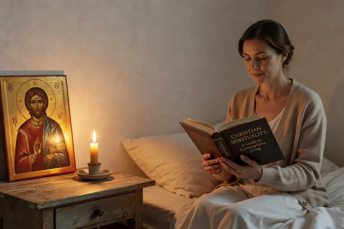 Personne lisant un livre de spiritualité chrétienne dans un coin prière avec des bougies et une icône