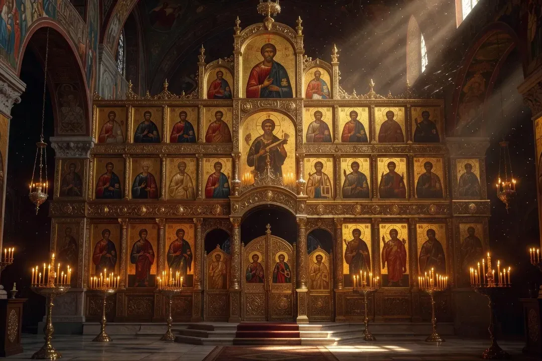 Intérieur d'une église orthodoxe avec iconostase complète, rangées d'icônes dorées, lumière de bougies, ambiance mystique