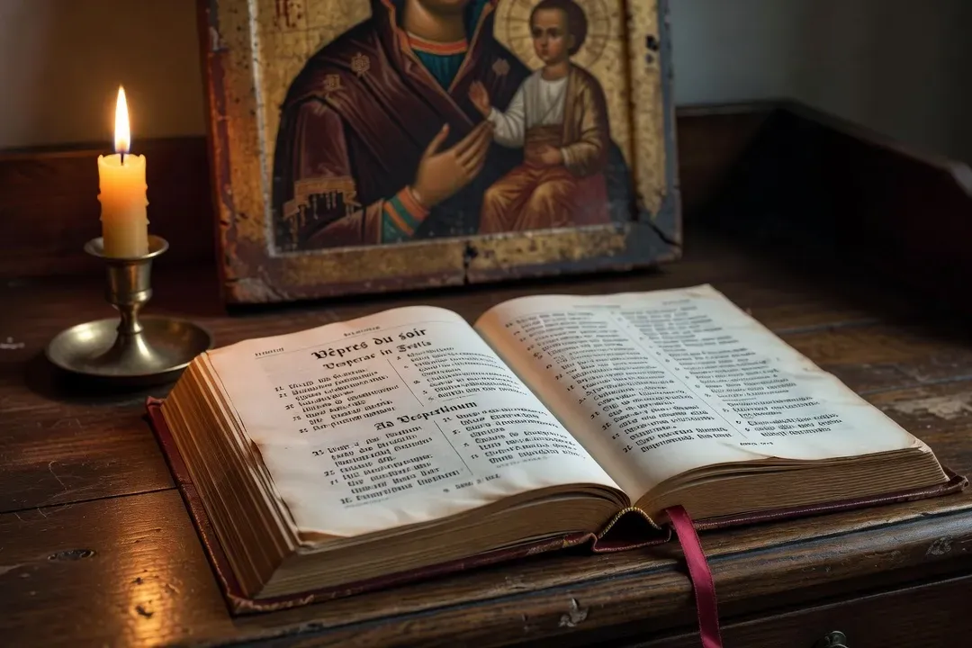 Bréviaire catholique ouvert sur la page des vêpres du soir, posé sur un bureau en bois avec une bougie allumée et une icône en arrière-plan