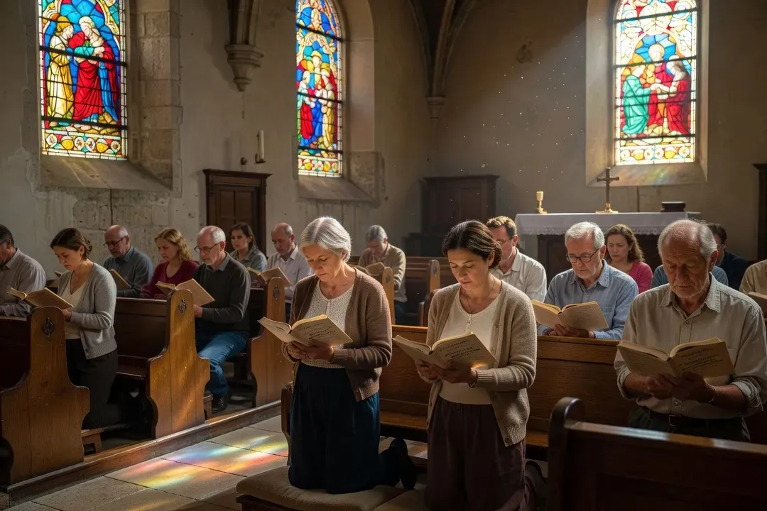 Groupe de laïcs priant les vêpres dans une chapelle paroissiale, livrets de prière en mains, ambiance recueillie, éclairage naturel par vitraux