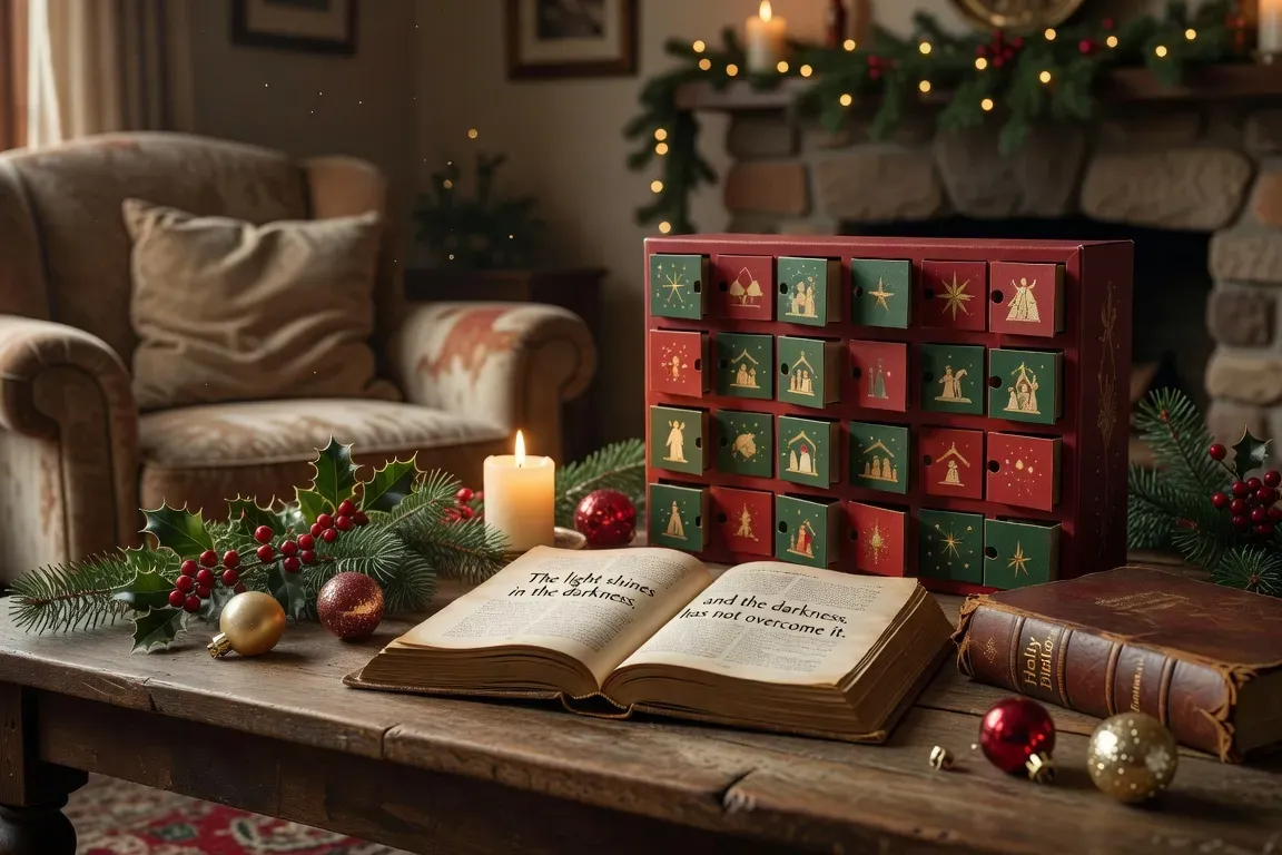 Livre spirituel ouvert avec calendrier de l'Avent et Bible familiale, lumière de soirée chaleureuse, décoration de Noël, atmosphère chrétienne