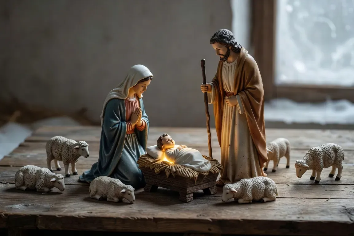 Figurines de crèche de Noël sur une surface en bois, lumière douce et tamisée, ambiance spirituelle hivernale et contemplative