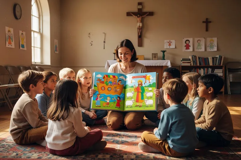 Enfants assis en cercle autour d'une catéchiste feuilletant un livre de catéchisme illustré, salle paroissiale lumineuse