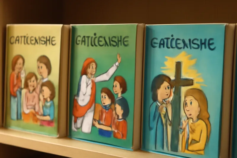 Gros plan sur les pages illustrées d'un livre de catéchisme pour enfants, scène de la parabole du bon berger