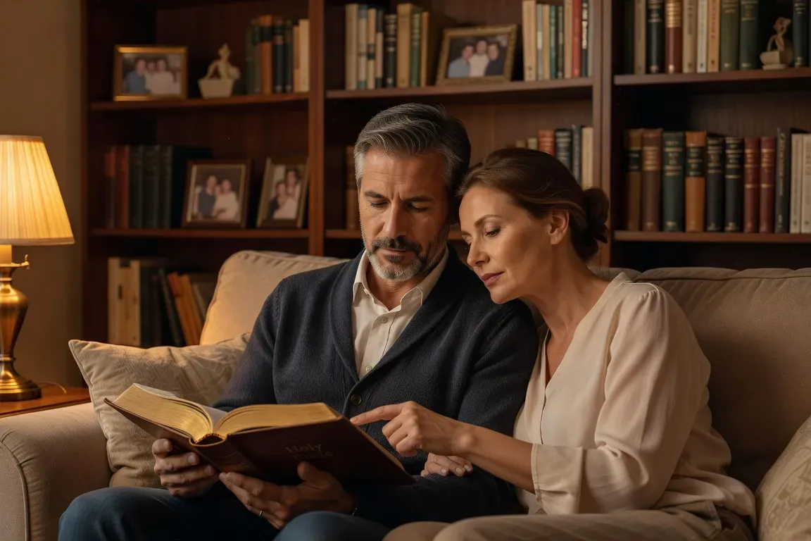 Couple lisant ensemble une Bible ou un livre de prière dans un moment de partage spirituel