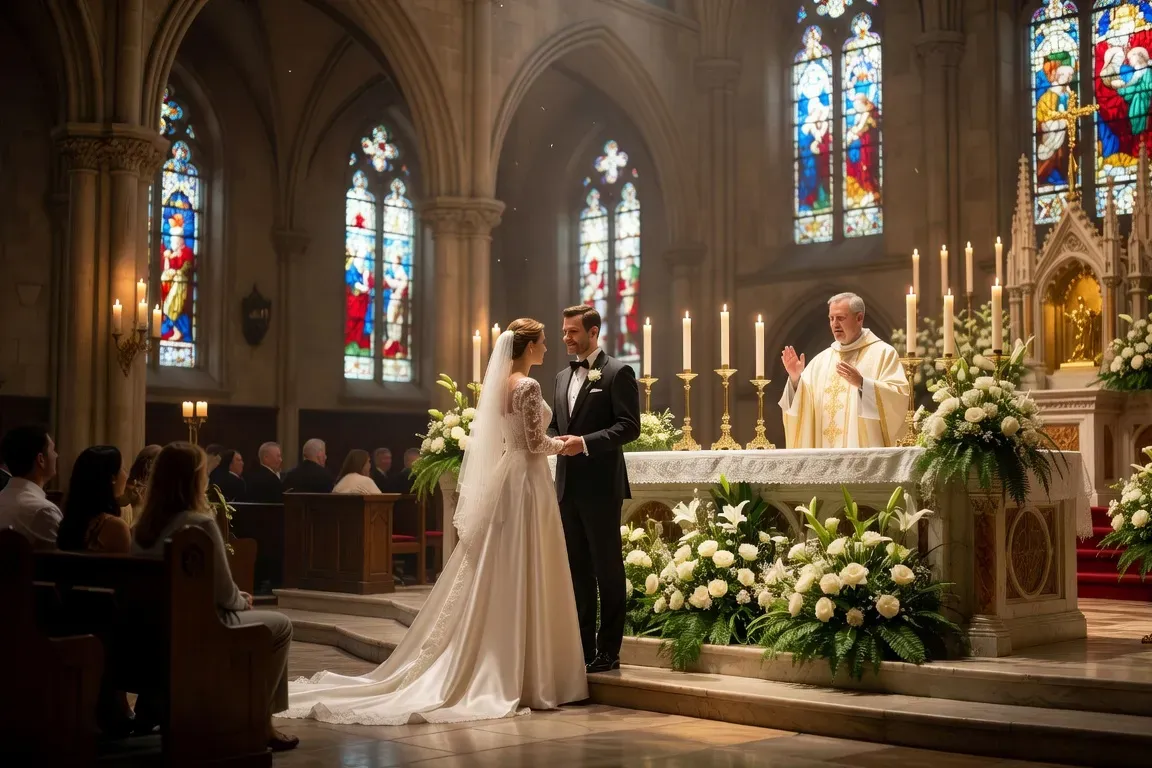 Cérémonie de mariage catholique dans une église, autel fleuri, lumière tamisée et recueillement des époux