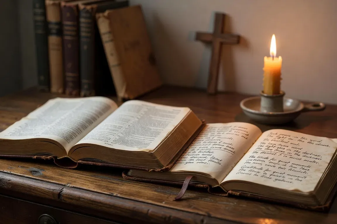 Bible ouverte avec un cahier de réflexions manuscrites, espace de prière, bougie, atmosphère spirituelle authentique