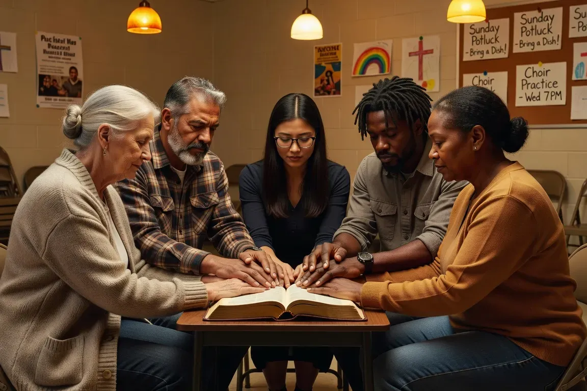 Petit groupe de prière réuni en cercle, mains sur une Bible, salle paroissiale, lumière chaleureuse, atmosphère communautaire contemplative