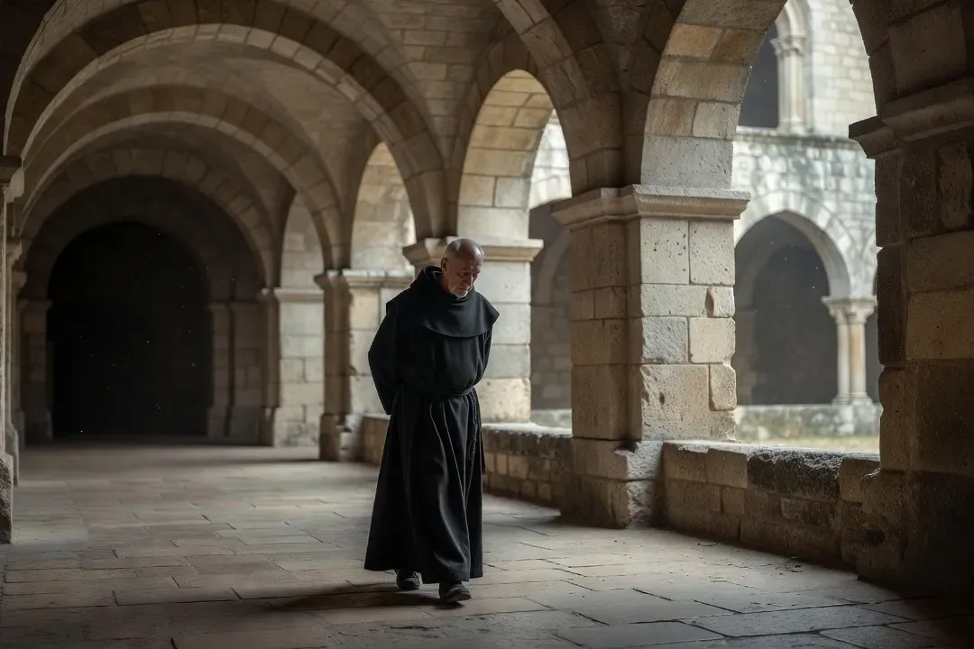 Moine bénédictin marchant dans le cloître d'un monastère français, robe noire, lumière tamisée par des arches romanes