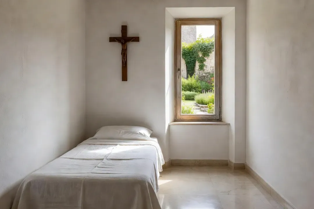 Chambre simple et lumineuse dans une hôtellerie monastique, linge blanc, crucifix en bois, fenêtre sur jardin