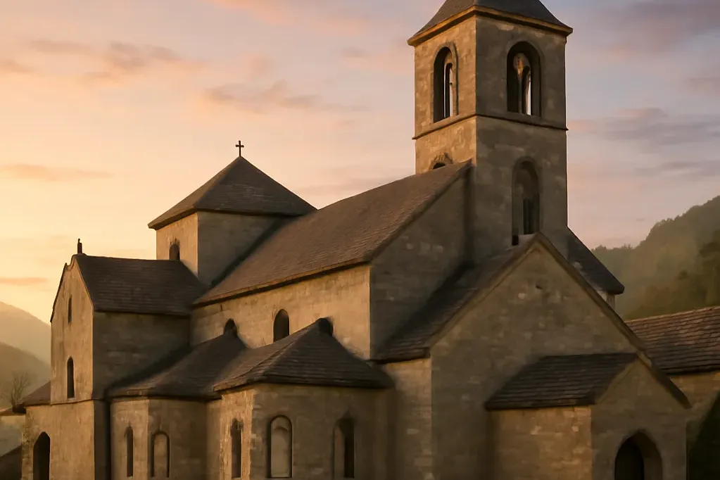 Extérieur de monastère cistercien à l'aube, architecture romane, clocher, atmosphère sereine en France