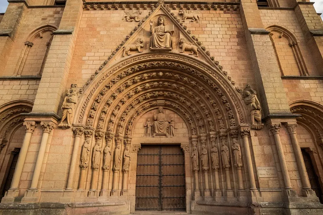 Façade de cathédrale romane avec tympan sculpté représentant un Christ en majesté, portail médiéval en Franche-Comté, pierre ocre