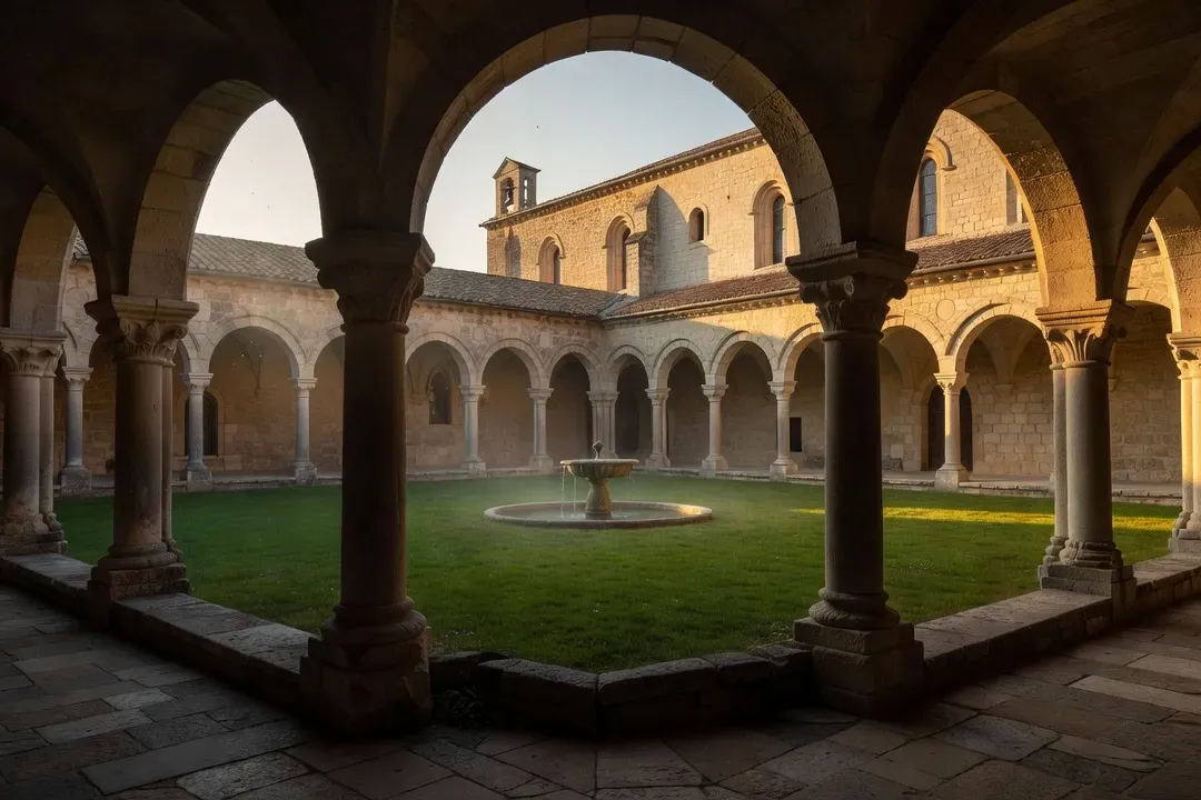 Cloître d'une abbaye cistercienne en France avec colonnes romanes et jardin central, ambiance contemplative, lumière dorée du matin
