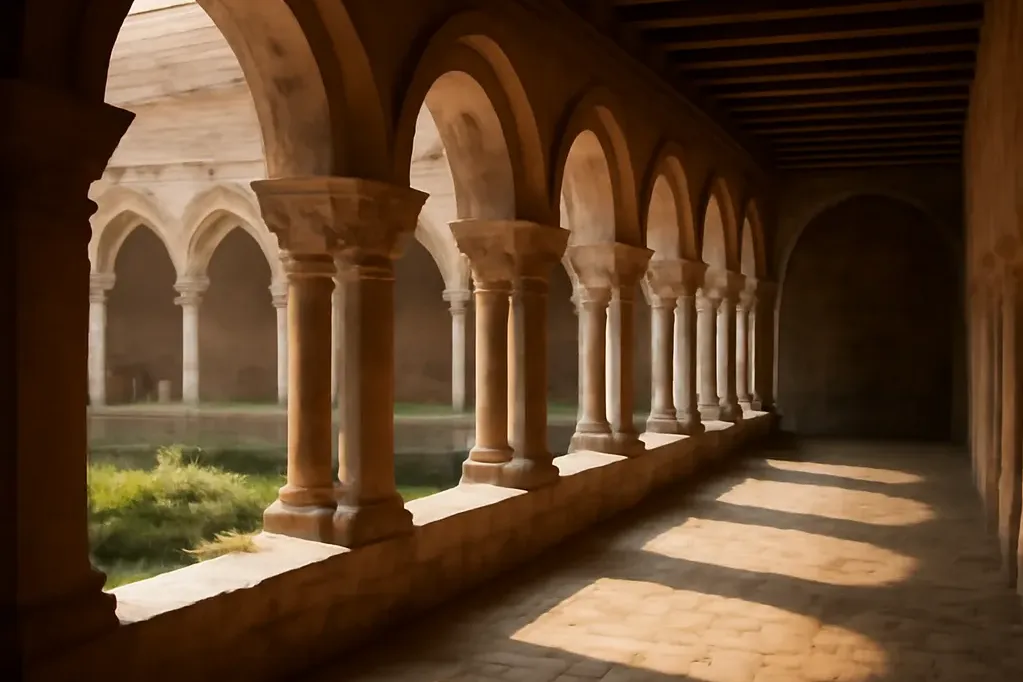 Cloître de monastère avec arches romanes, lumière matinale sur les colonnes de pierre, atmosphère de silence contemplatif
