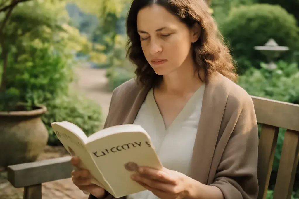 Personne lisant un livre spirituel dans un jardin de retraite, lumière naturelle, banc en bois, atmosphère paisible