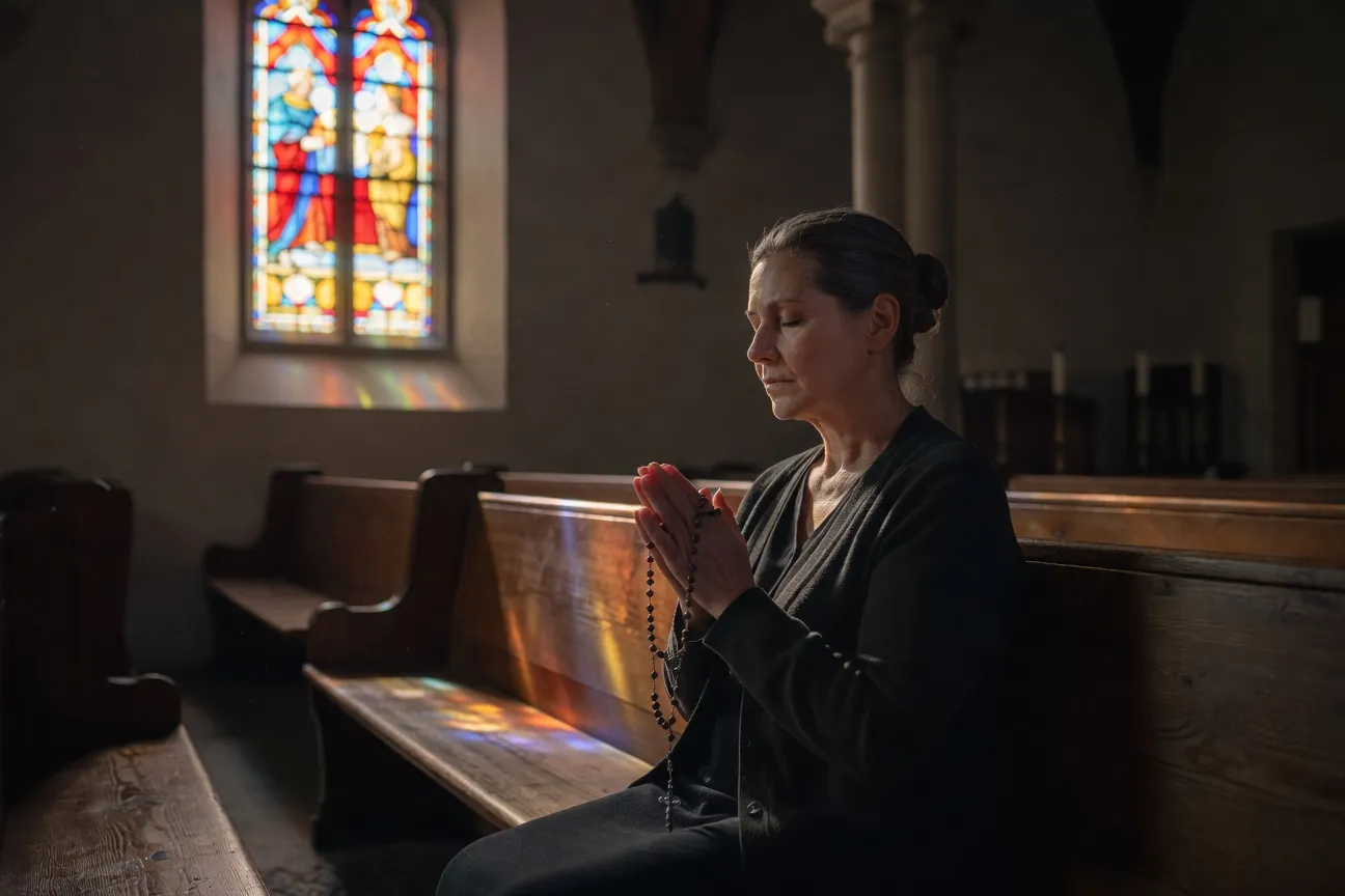 Femme priant le rosaire dans une église, lumière naturelle à travers un vitrail, atmosphère contemplative