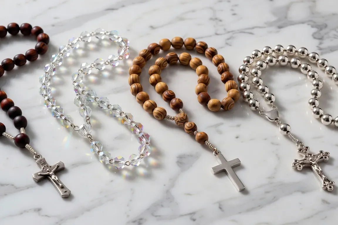 Sélection de chapelets du rosaire en bois d'olivier, cristal et argent sur marbre blanc, photographie bijouterie