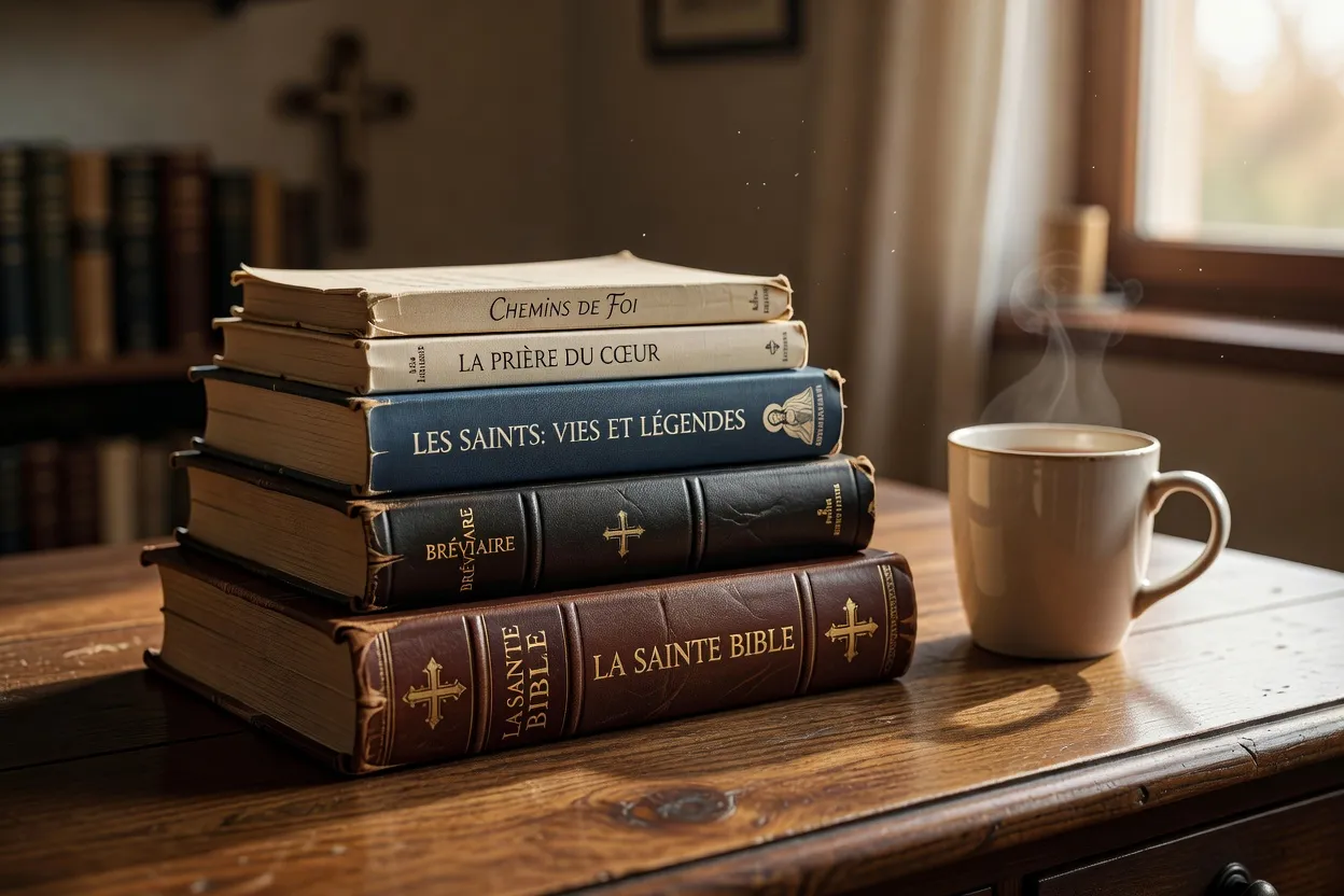 Pile soignée de 5 livres de spiritualité chrétienne sur un bureau en bois, dont un bréviaire, une Bible et un livre sur les saints, avec une tasse de thé