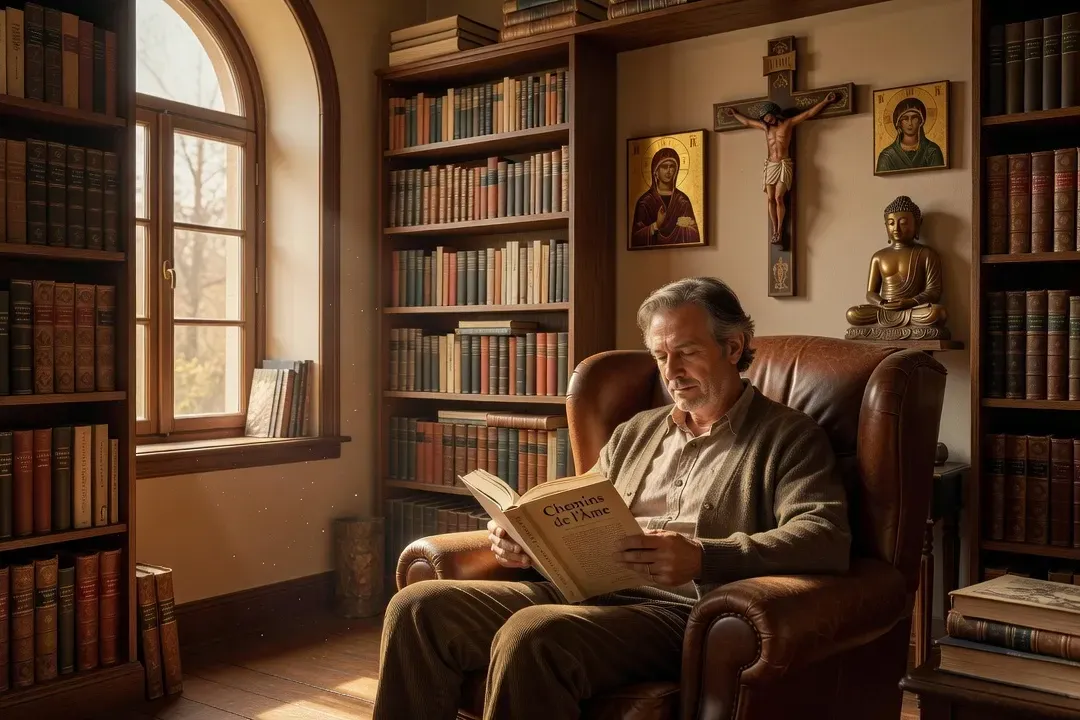 Lecteur en fauteuil confortable lisant un livre de spiritualité, lumière naturelle, ambiance bibliothèque personnelle avec icônes sur le mur