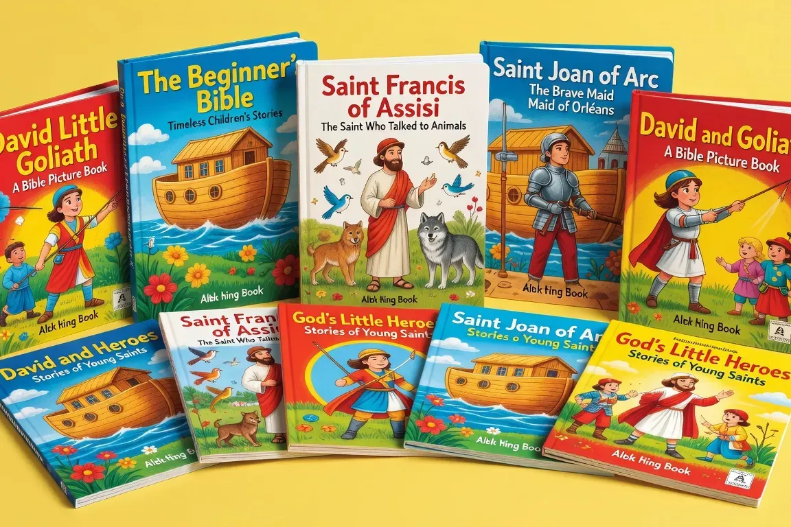 Sélection de livres chrétiens pour enfants : bibles illustrées et vies de saints, couvertures colorées sur fond lumineux