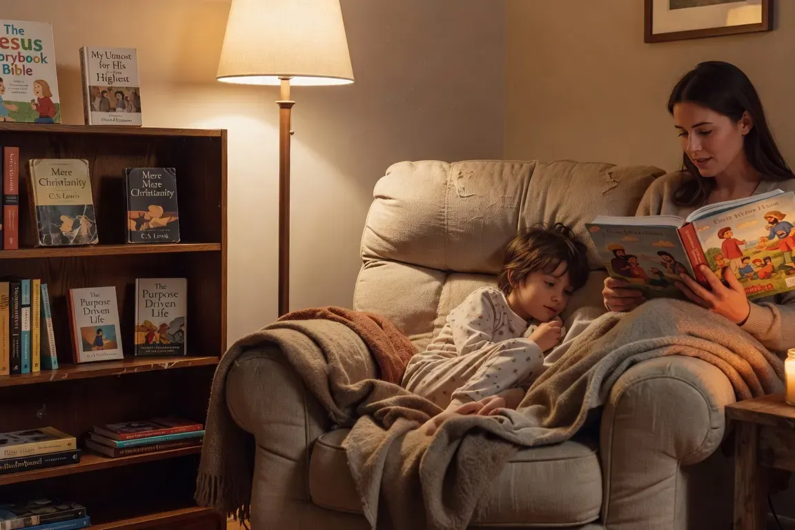 Coin lecture familial avec une petite bibliothèque de livres chrétiens et une bougie, atmosphère chaleureuse