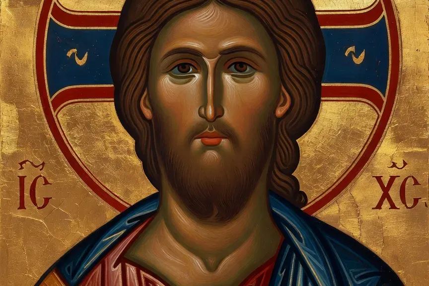 Détail d'un vitrail gothique avec symboles iconographiques chrétiens, nimbe, mandorle et teintes dorées