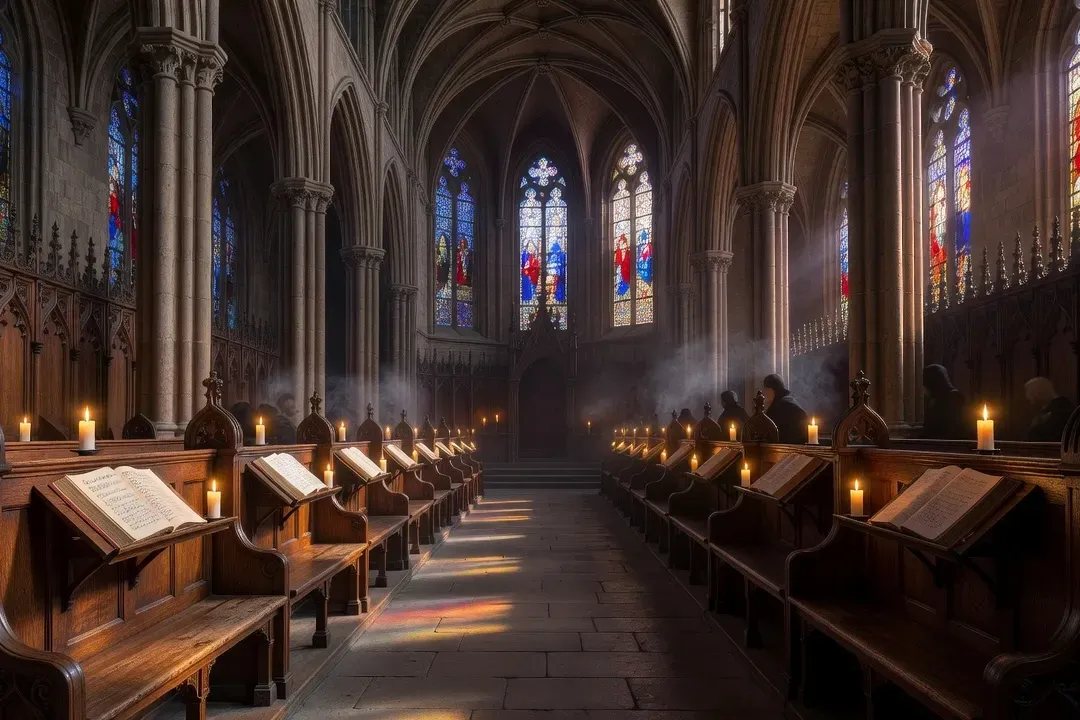Chapelle monastique au coucher du soleil, rangées de stalles en bois et lumières de bougies