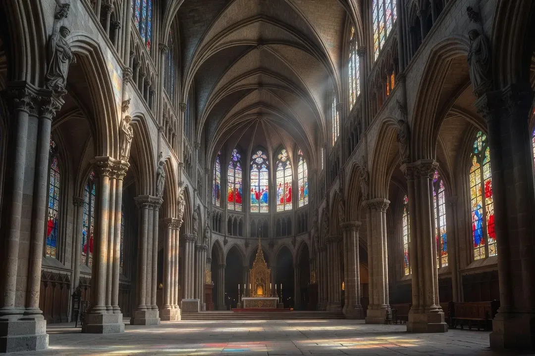 Vue intérieure d'une cathédrale gothique alsacienne avec vitraux colorés illuminant les colonnes en pierre, ambiance sacrée et lumineuse
