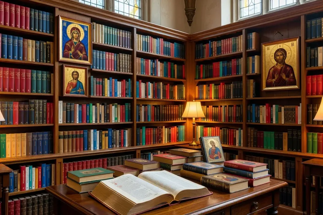 Collection des 20 meilleurs livres de spiritualité chrétienne disposés sur une table en bois