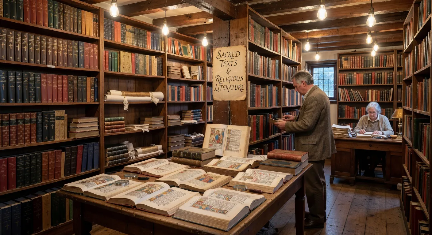 Interieur d'une librairie ancienne avec des livres religieux et des boiseries