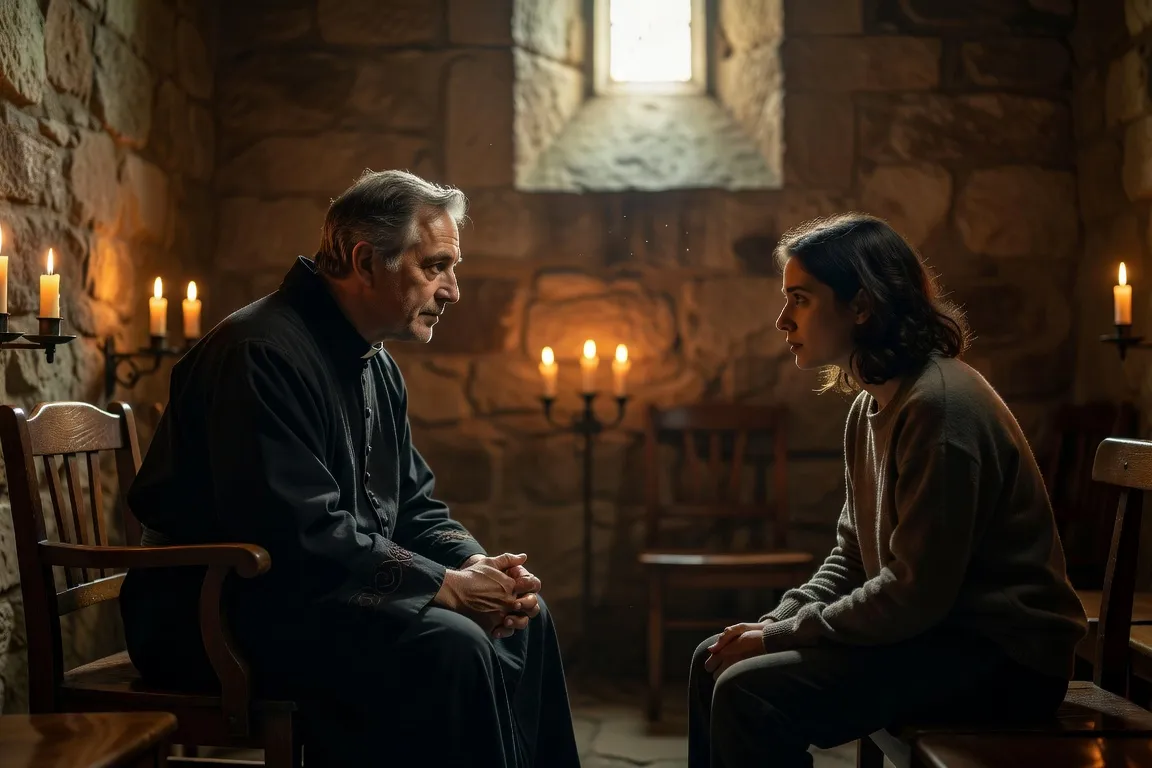 Scène d'accompagnement spirituel : deux personnes en dialogue attentif dans une chapelle lumineuse