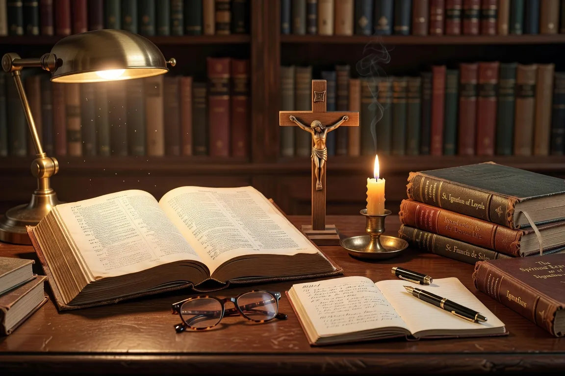 Bureau d'un accompagnateur spirituel avec des livres de spiritualité, bougies et crucifix, lumière tamisée