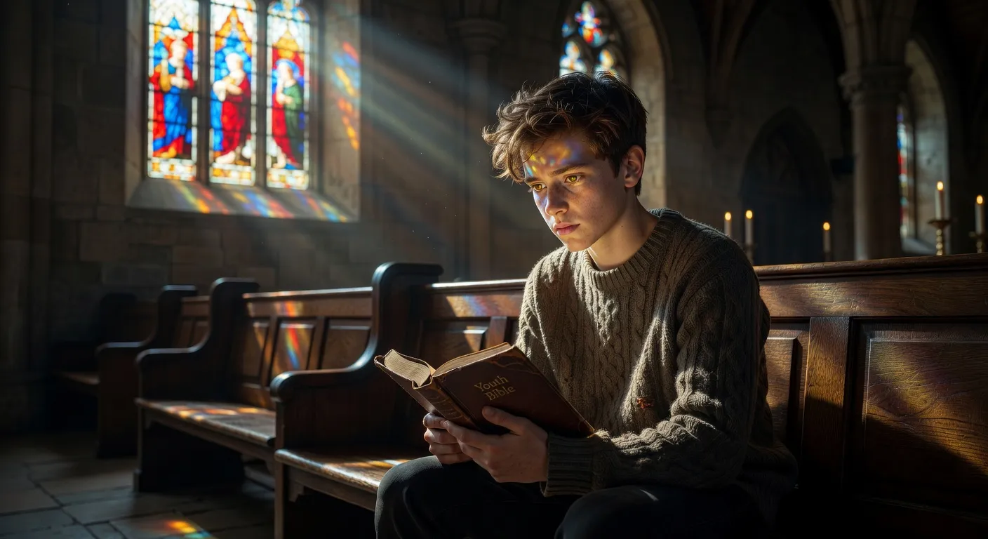 Adolescent reflechissant seul dans le jardin d'une eglise avec un livre ouvert sur les genoux