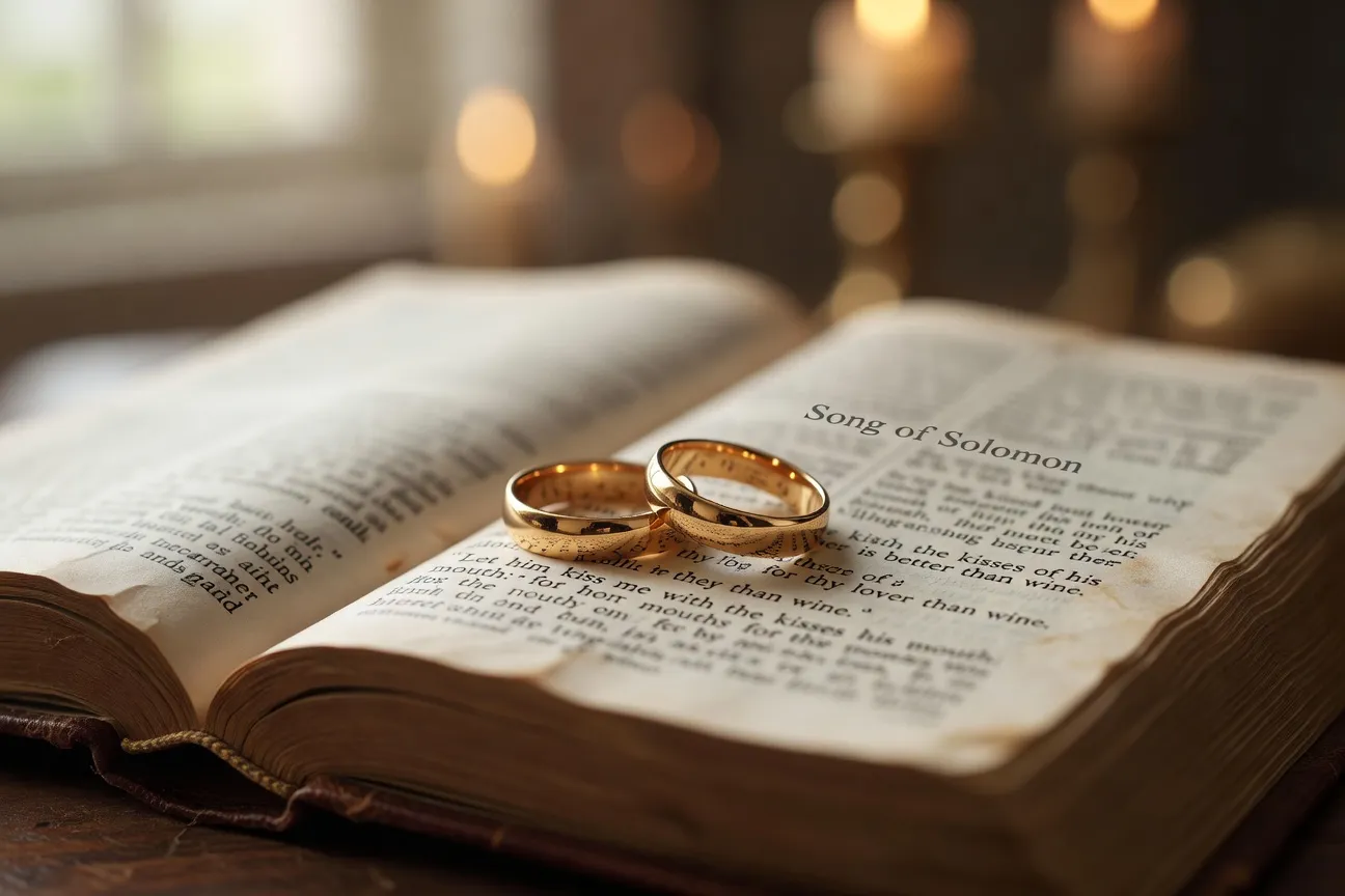 Alliances posees sur une Bible ouverte au chapitre du Cantique des Cantiques avec des petales de rose