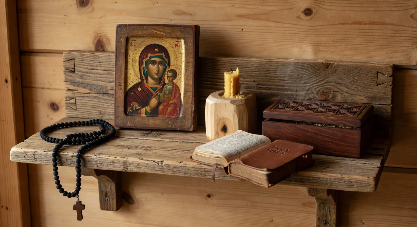 Petit oratoire domestique amenage sur une etagere murale avec crucifix, veilleuse et livre de prieres