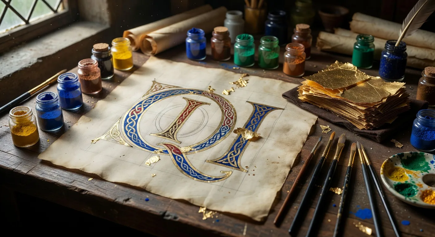 Atelier d'enluminure contemporain avec pigments broyes, pinceaux fins, feuilles d'or et parchemin en cours de travail