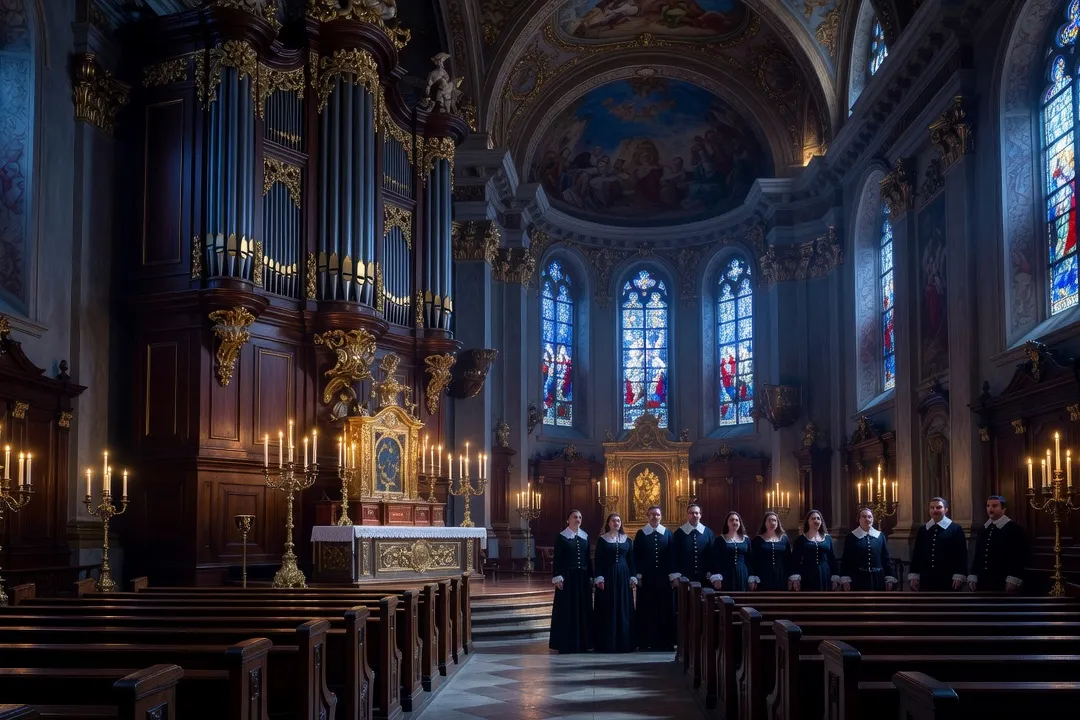Intérieur d'une église luthérienne baroque avec orgue à tuyaux et chœur, lumière traversant des vitraux