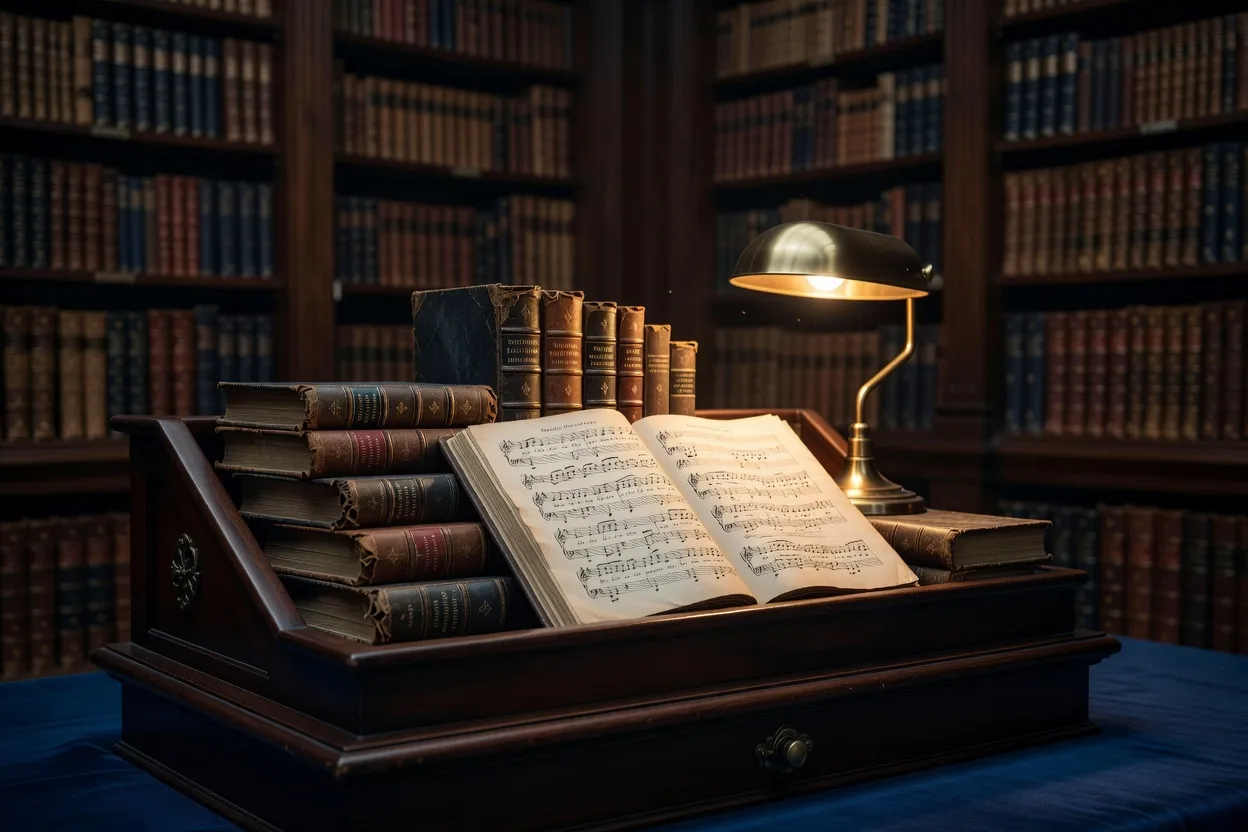 Livres anciens et partition de musique sacrée sur un pupitre en bois, bibliothèque religieuse