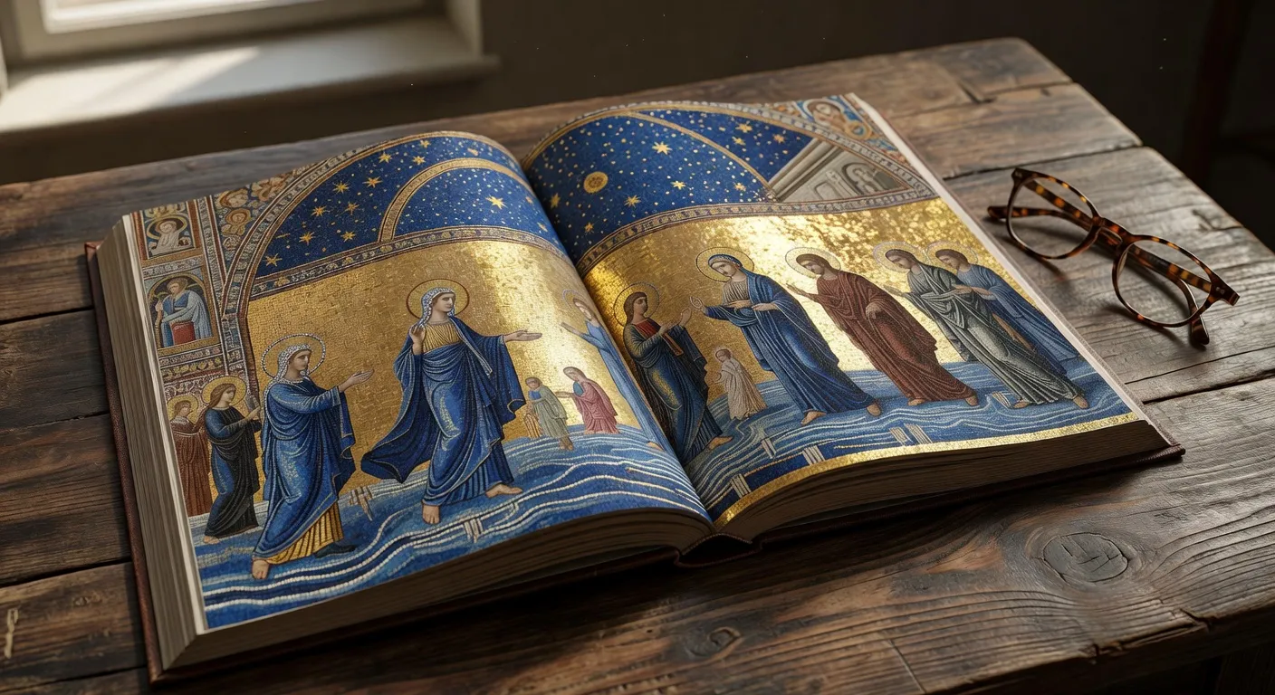 Beau livre grand format ouvert sur une double page montrant des mosaiques byzantines dorees de Ravenne