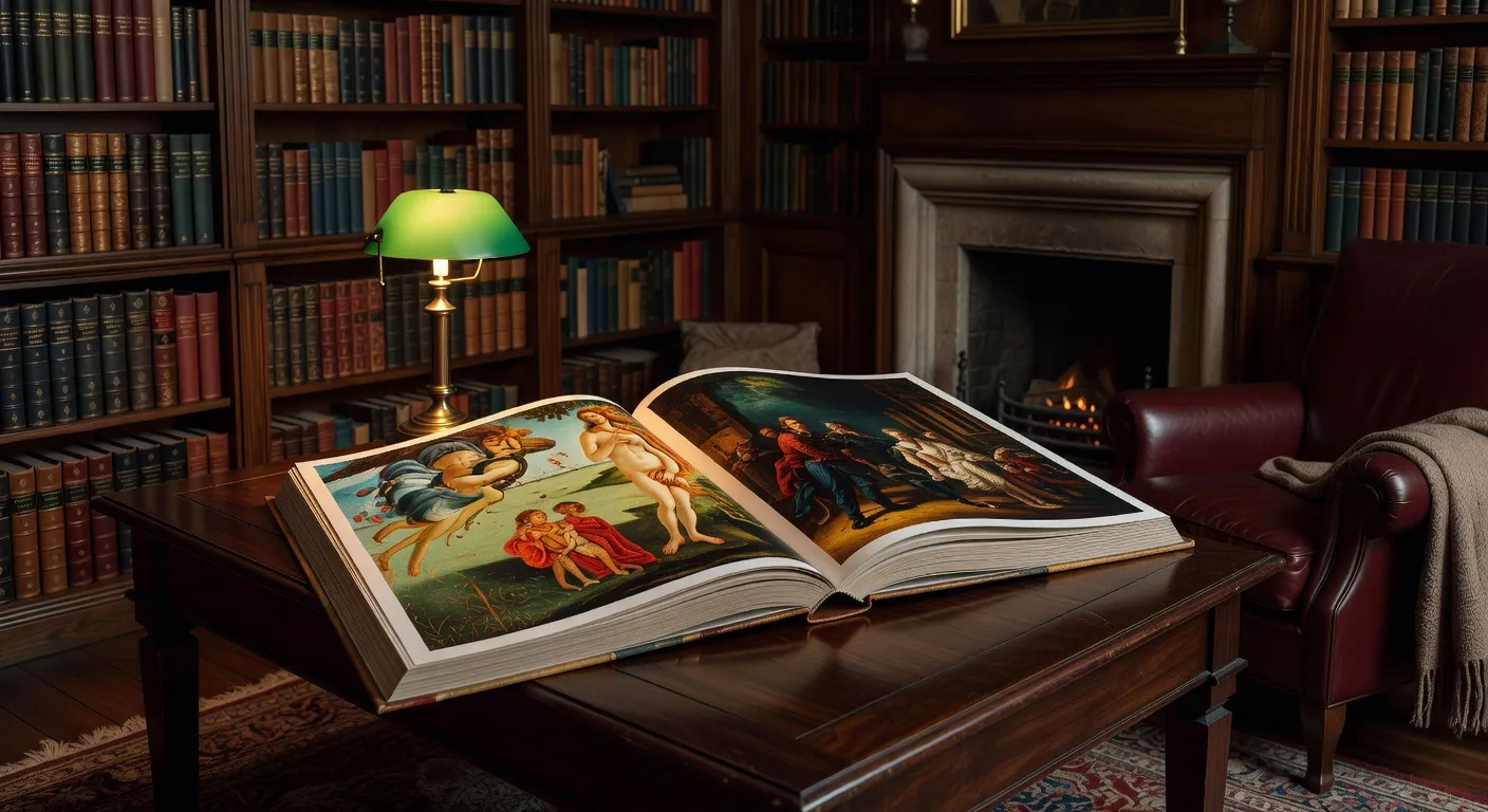 Pages d'un beau livre montrant des reproductions de peintures religieuses de la Renaissance avec details de couleurs vives